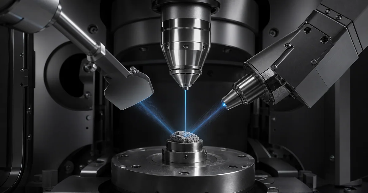 Grayscale SEM analytical workstation comparing EBSD diffraction patterns and EDX elemental maps with blue accent details