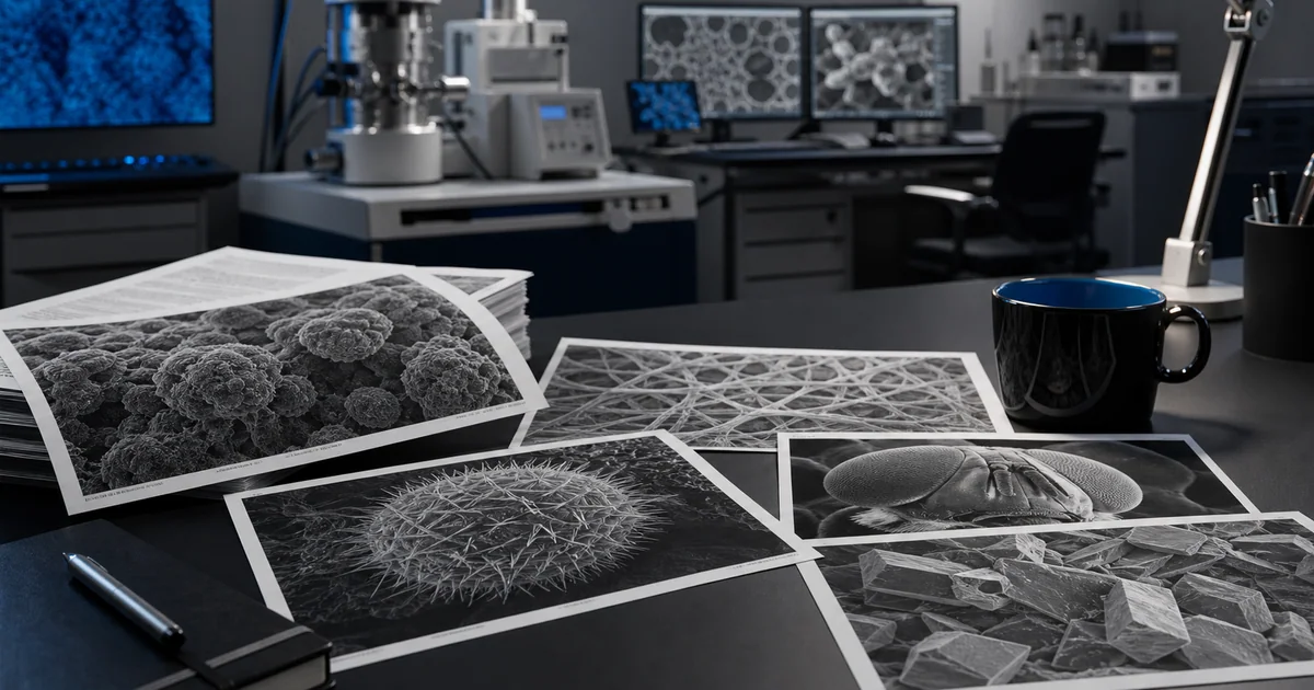 Historic scanning electron microscope column rendered in grayscale with a subtle blue instrument highlight