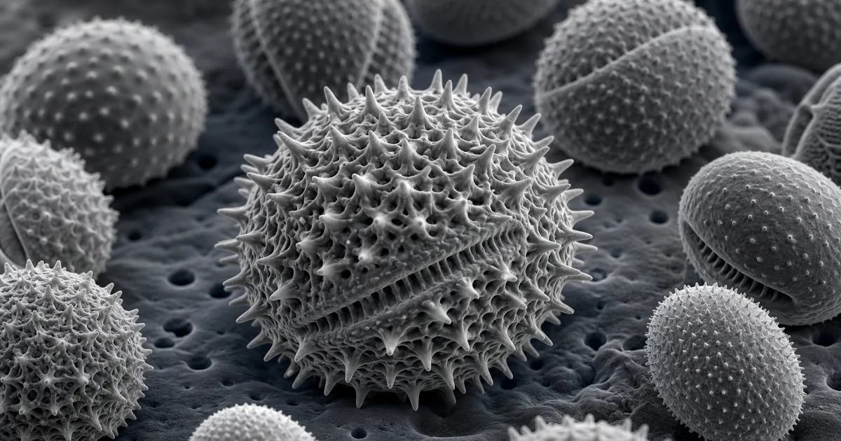 Scanning electron microscope style image of pollen grains with spines and patterned exine surfaces