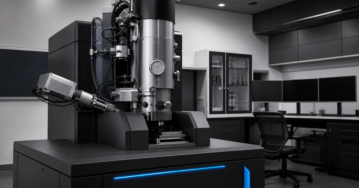 Scanning electron microscope chamber showing a sample under vacuum with a focused beam and fine surface detail