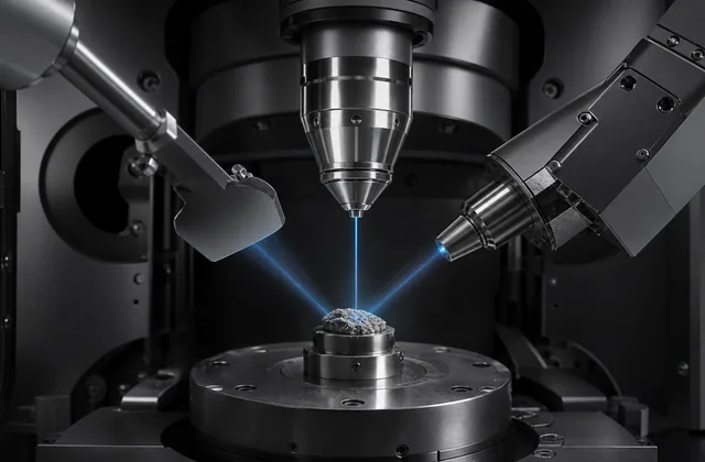 SEM sample with X-ray spectrum bars and diffraction pattern motifs