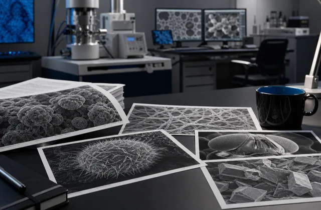 SEM learning resources arranged as a grayscale editorial desk
